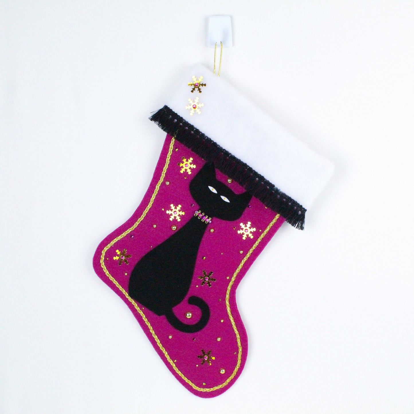 Black cat on fuchsia felt Christmas stocking
