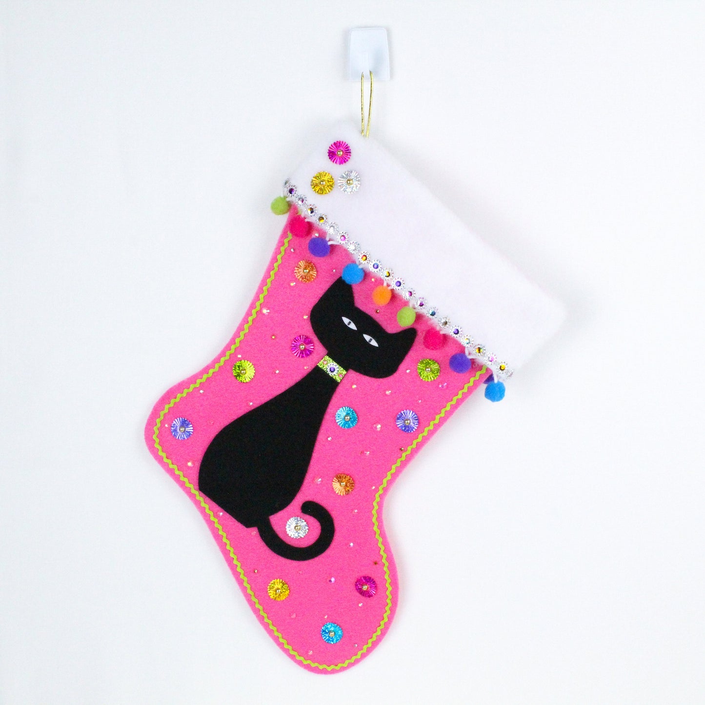 Black cat on pink felt Christmas stocking