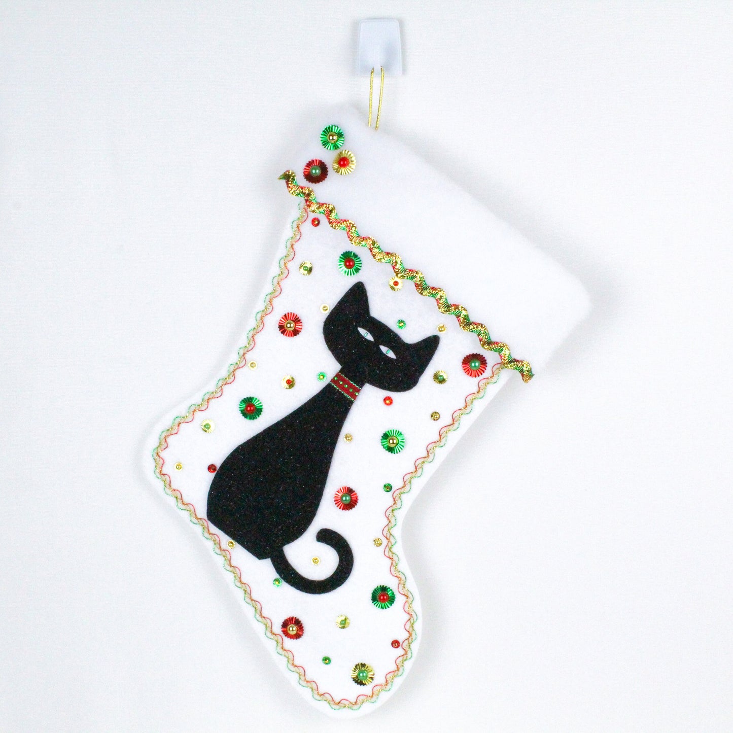 Black cat on white felt Christmas stocking