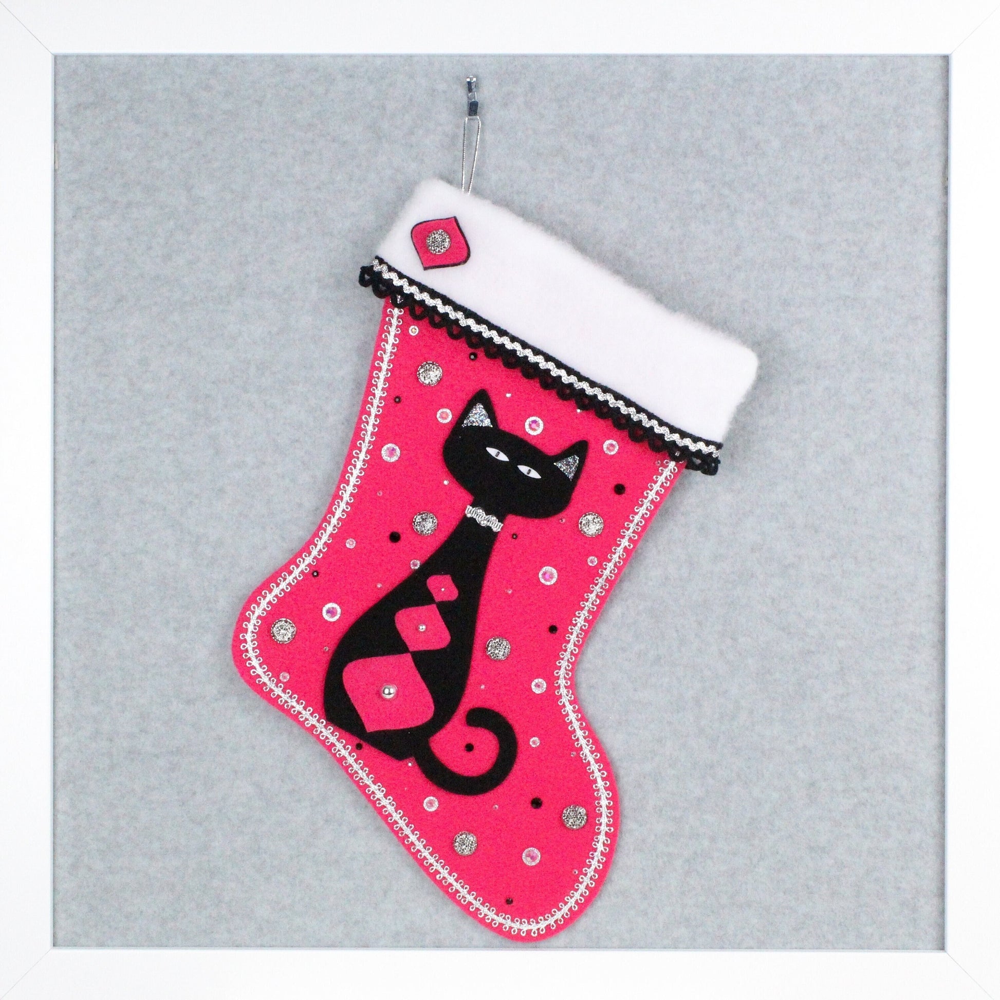 Black cat on shocking pink felt OOAK handmade Christmas stocking with silver decoration.