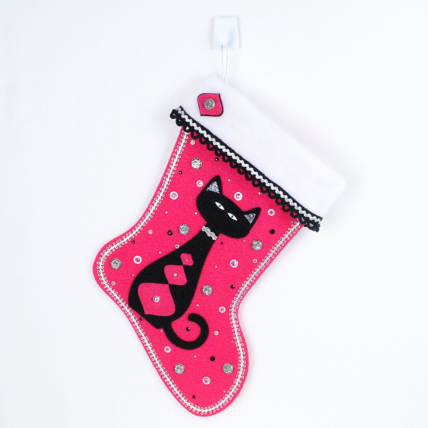 Black cat on pink felt Christmas stocking