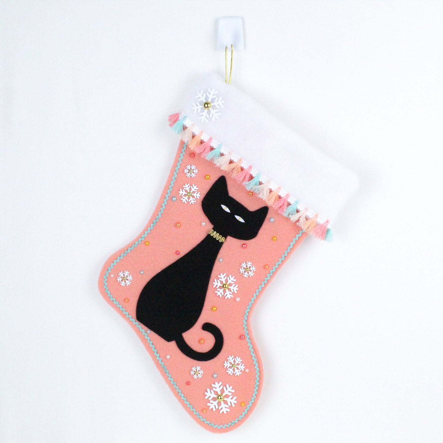 Black cat on coral felt Christmas stocking